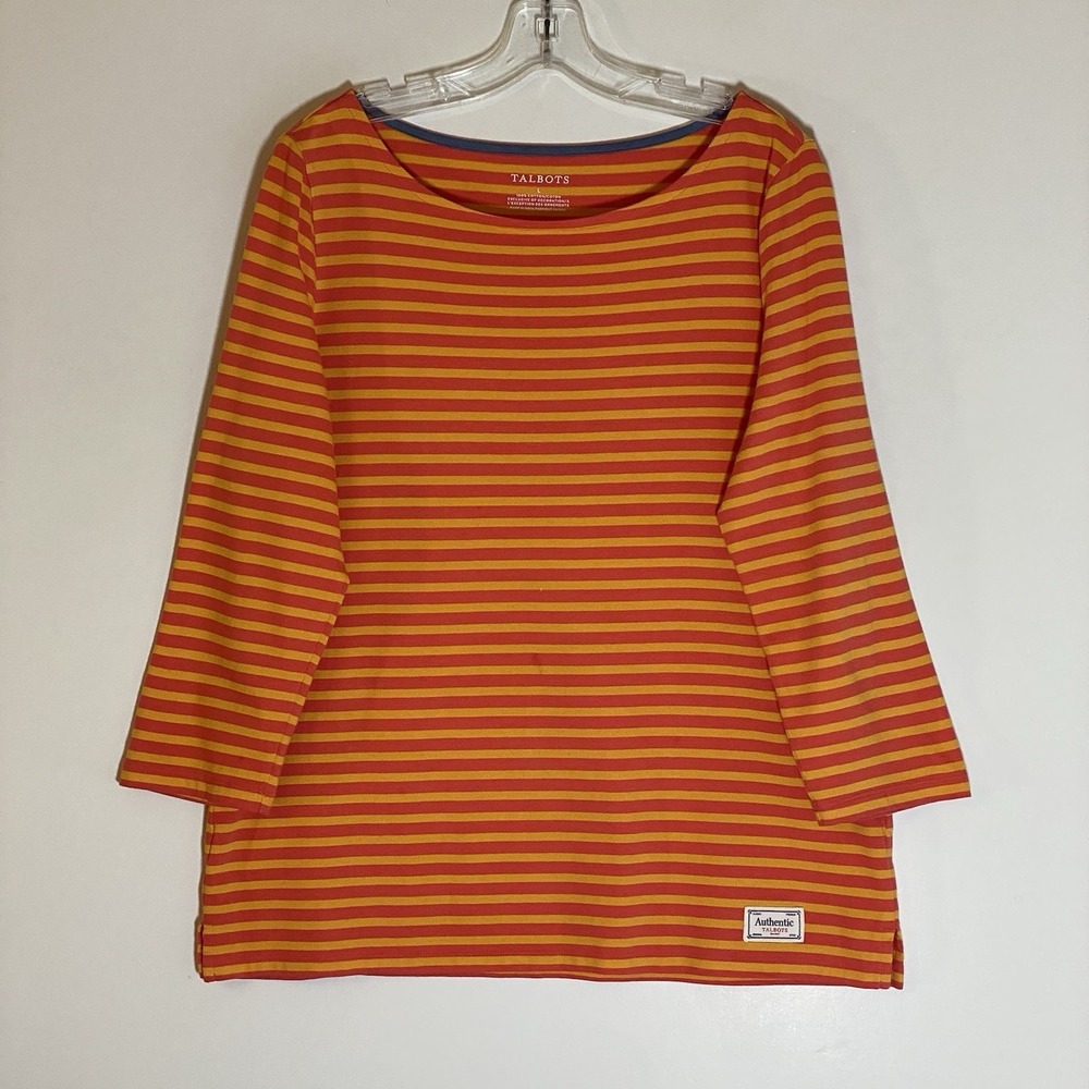 Talbots Top Womens Large Orange Striped 3/4 Sleeve Shirt 100% Cotton Casual Boho
